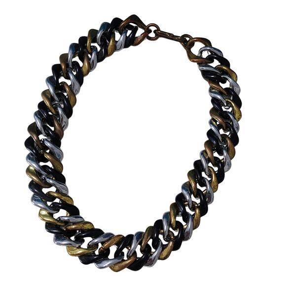 70s Tricolor Black Gold Silver Plastic Interlocking Link Necklace Hook Closure - Picture 1 of 5